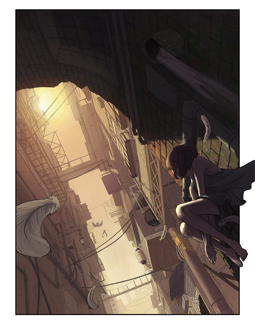 alley animal awning bare_shoulders barefoot bird brown brown_hair building cable cityscape feathers from_below looking_up original pipes portcat_(deronenene) scenery short_hair sitting sky sleeveless sun