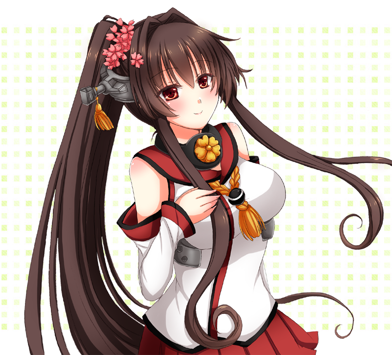 bare_shoulders breasts brown_eyes brown_hair detached_sleeves flower hair_flower hair_ornament hand_on_own_chest headgear kantai_collection large_breasts long_hair long_ponytail looking_at_viewer pleated_skirt red_skirt sailor_collar skirt solo sotogawa_max very_long_hair yamato_(kantai_collection)