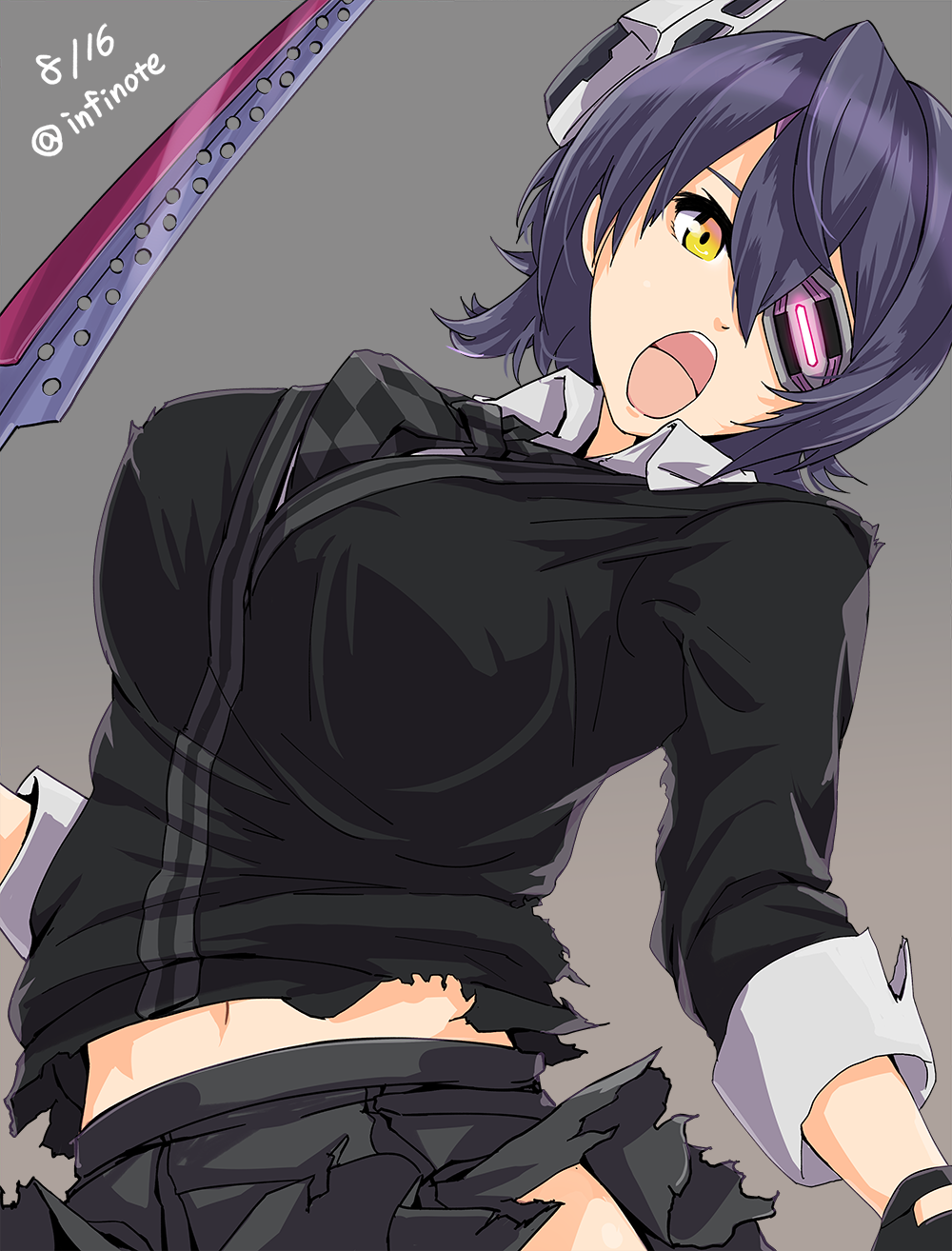 breasts dated eyepatch gloves headgear highres infinote kantai_collection large_breasts looking_at_viewer necktie open_mouth purple_hair school_uniform short_hair skirt solo sword tenryuu_(kantai_collection) torn_clothes twitter_username weapon yellow_eyes