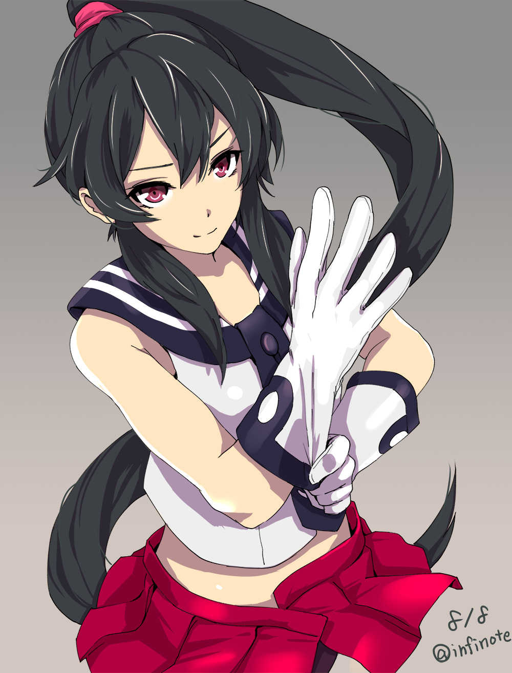black_hair dated gloves highres infinote kantai_collection long_hair midriff ponytail putting_on_gloves red_eyes red_skirt skirt smile solo twitter_username very_long_hair white_gloves yahagi_(kantai_collection)