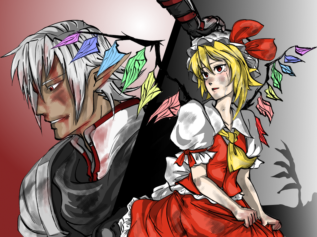 1girl armor blonde_hair blood buront crossover crying crystal dress final_fantasy final_fantasy_xi flandre_scarlet hat injury maruman pointy_ears puffy_short_sleeves puffy_sleeves red_eyes short_sleeves silver_hair the_iron_of_yin_and_yang touhou vampire vest wings