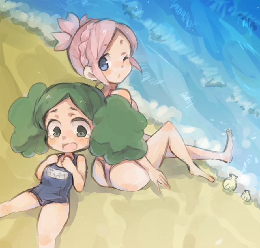 bad_id bad_pixiv_id barefoot beach bikini blue_eyes blush green_eyes green_hair inazuma_eleven_(series) inazuma_eleven_go inazuma_eleven_go_galaxy looking_back morimura_konoha multiple_girls nankai nozaki_sakura one-piece_swimsuit one_eye_closed open_mouth pink_hair sand school_swimsuit swimsuit tears water