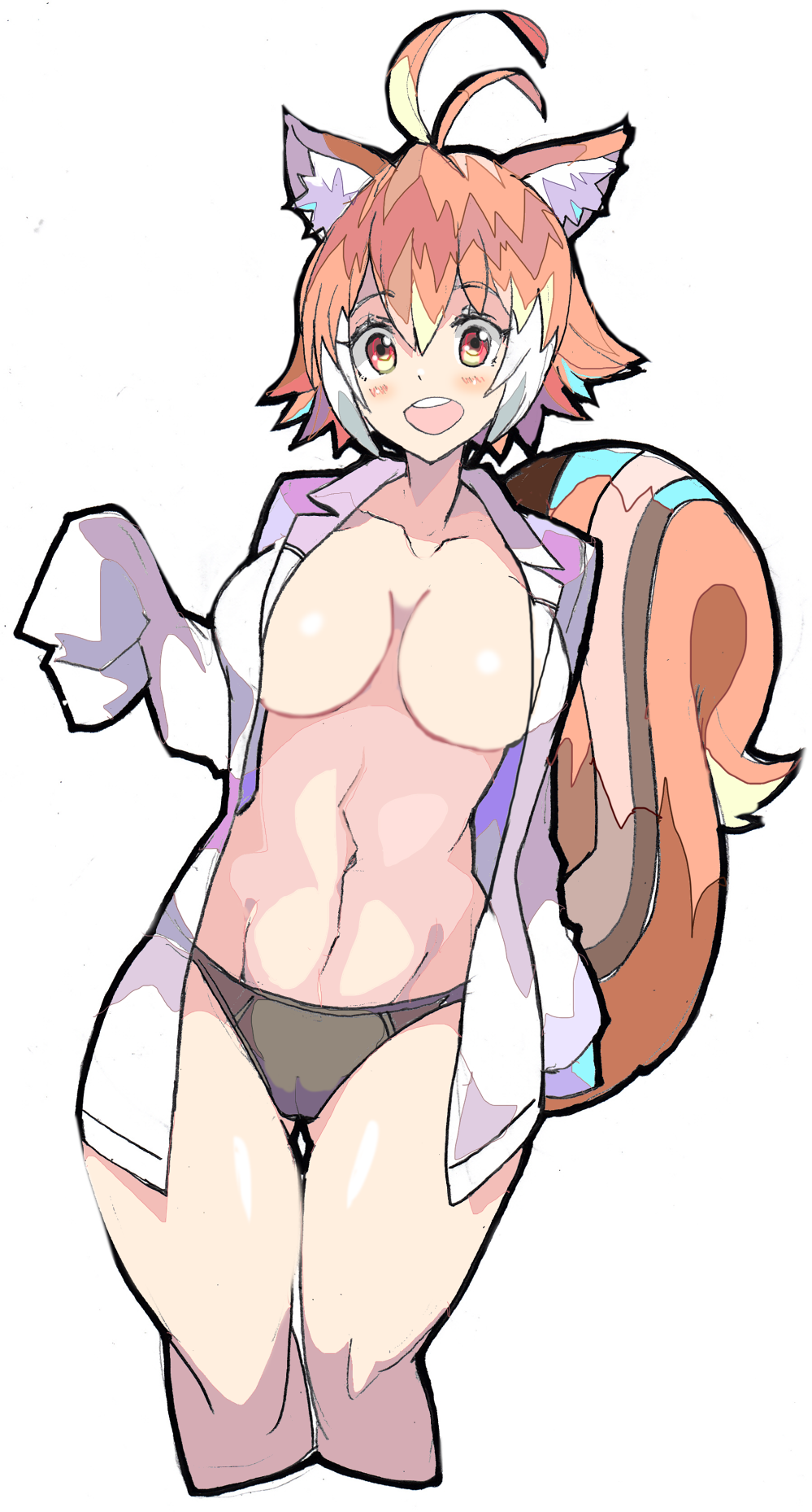 1girl :d animal_ear_fluff animal_ears antenna_hair bangs black_panties blazblue breasts brown_hair center_opening collarbone collared_shirt cropped_legs dress_shirt enpe eyebrows_visible_through_hair gluteal_fold hand_up highres large_breasts makoto_nanaya multicolored_hair navel no_bra no_pants open_clothes open_mouth open_shirt orange_eyes panties shirt simple_background sleeves_past_fingers sleeves_past_wrists smile solo squirrel_ears squirrel_girl squirrel_tail tail thigh_gap toned two-tone_hair underwear upper_teeth white_background white_shirt