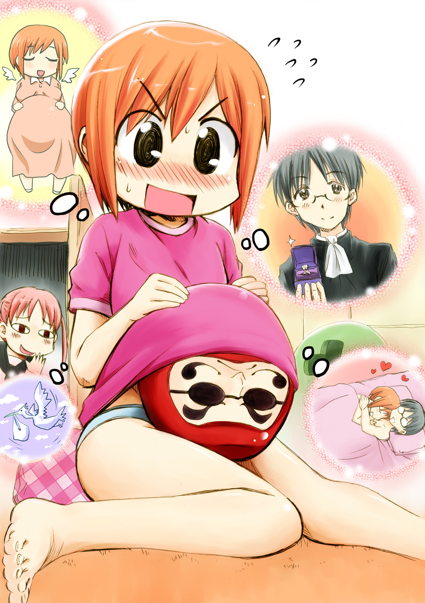 barefoot bird blush closed_eyes daruma_doll fake_pregnancy flying_sweatdrops glasses heart imagining multiple_girls naruse nichijou open_mouth orange_hair panties peeping proposal sasahara_koujirou short_hair smile sparkle stork tachibana_mihoshi tachibana_misato underwear