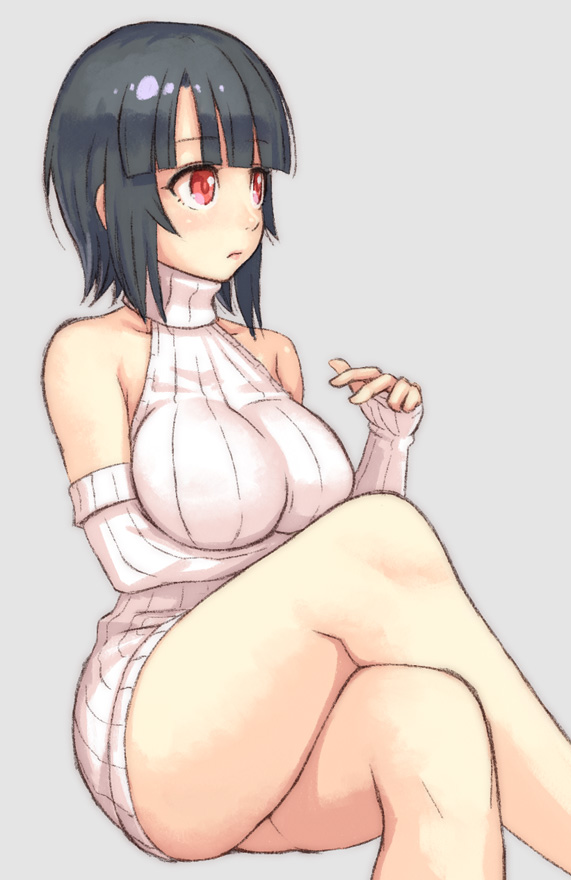 bangs bare_shoulders black_hair blunt_bangs breasts cosplay crossed_legs detached_sleeves dress kantai_collection large_breasts legs red_eyes ribbed_dress ribbed_sweater seaport_hime seaport_hime_(cosplay) short_dress short_hair sitting solo sweater sweater_dress takao_(kantai_collection) thighs yuuji_(and)