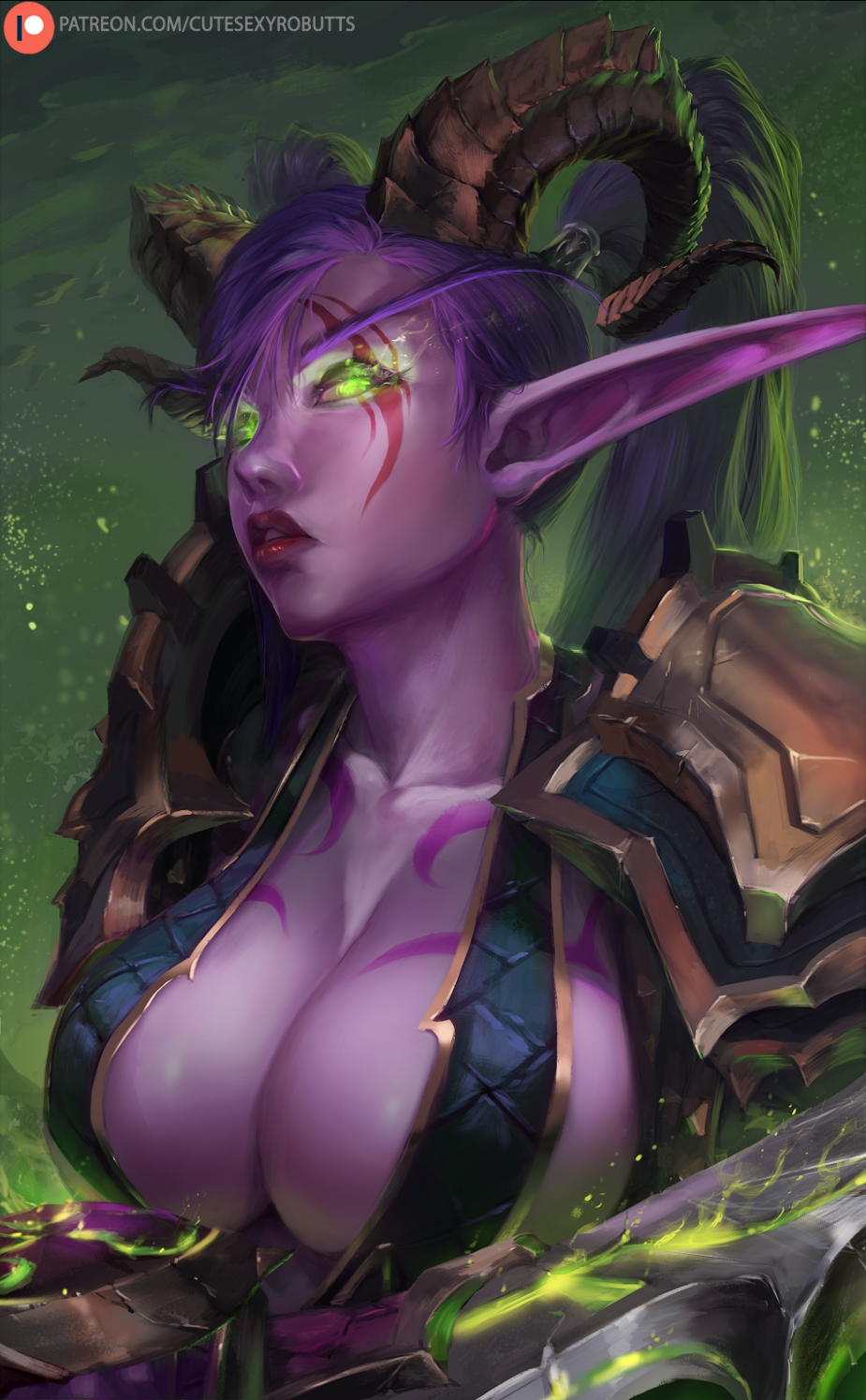 1girl breasts cleavage commentary commission cutesexyrobutts elf facial_tattoo fantasy green_eyes green_hair highres horns large_breasts lipstick looking_at_viewer makeup night_elf parted_lips pointy_ears ponytail portrait purple_skin solo tattoo warcraft world_of_warcraft