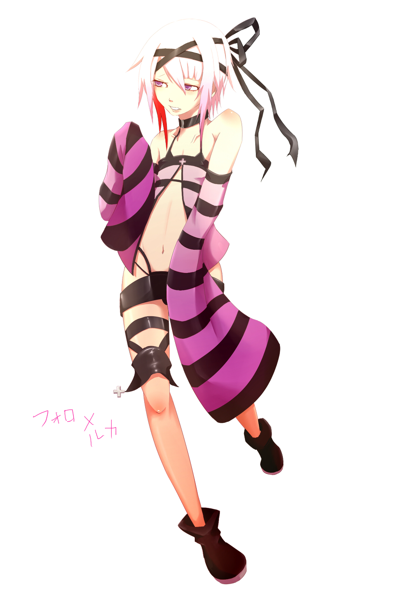 1boy androgynous ankle_boots artist_request boots bow collar cross crossdressing detached_sleeves folo hair_ornament headband male male_focus million_knights_vermilion miniskirt multicolored_hair navel parted_lips pink_eyes pink_hair red_hair short_hair simple_background skirt solo standing striped teeth translation_request trap white_background white_hair