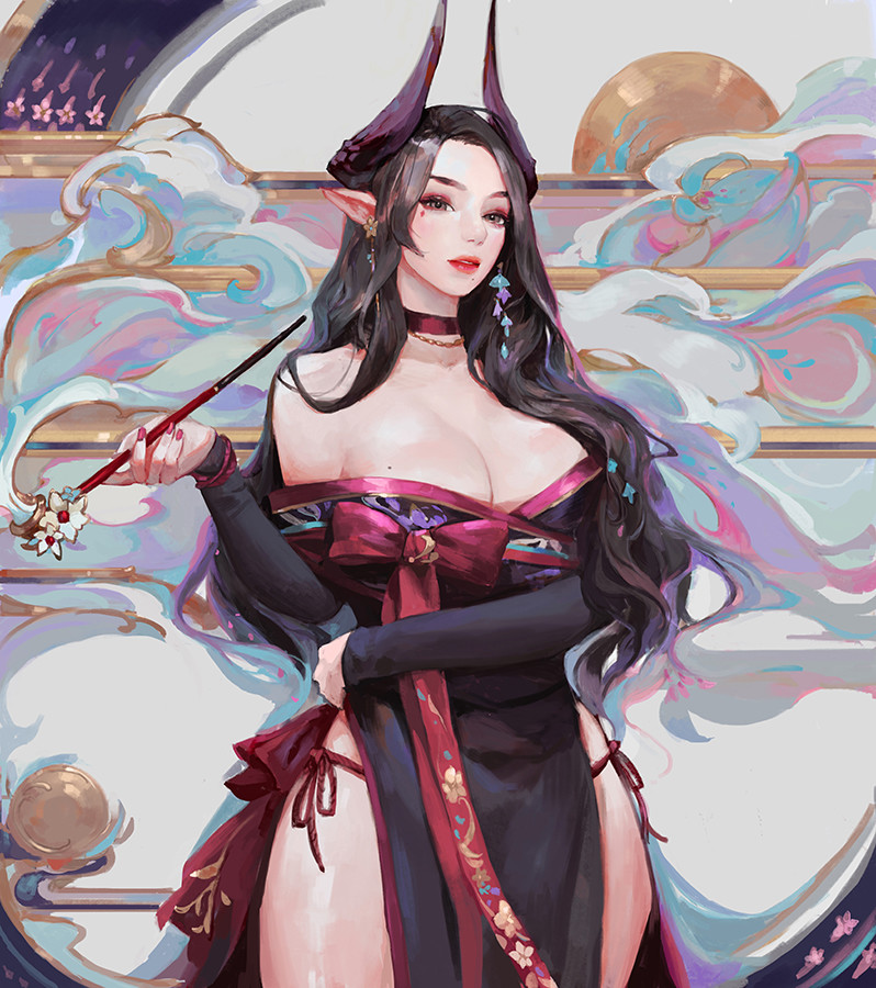 1girl black_hair breasts chocofing_r choker cleavage commentary demon_girl demon_horns detached_sleeves earrings forehead grey_eyes horns japanese_clothes jewelry kimono large_breasts lips lipstick long_hair looking_at_viewer makeup mole mole_on_breast mole_under_mouth nail_polish necklace nose off_shoulder original panties pelvic_curtain pipe pointy_ears side-tie_panties side_slit smoke smoking solo underwear