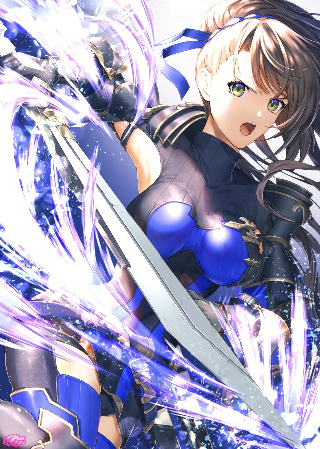 1girl armor asymmetrical_bangs bangs beatrix_(granblue_fantasy) breasts brown_hair commentary_request gloves granblue_fantasy green_eyes holding holding_sword holding_weapon large_breasts long_hair matsuki_tou open_mouth ponytail shoulder_armor skin_tight sword weapon