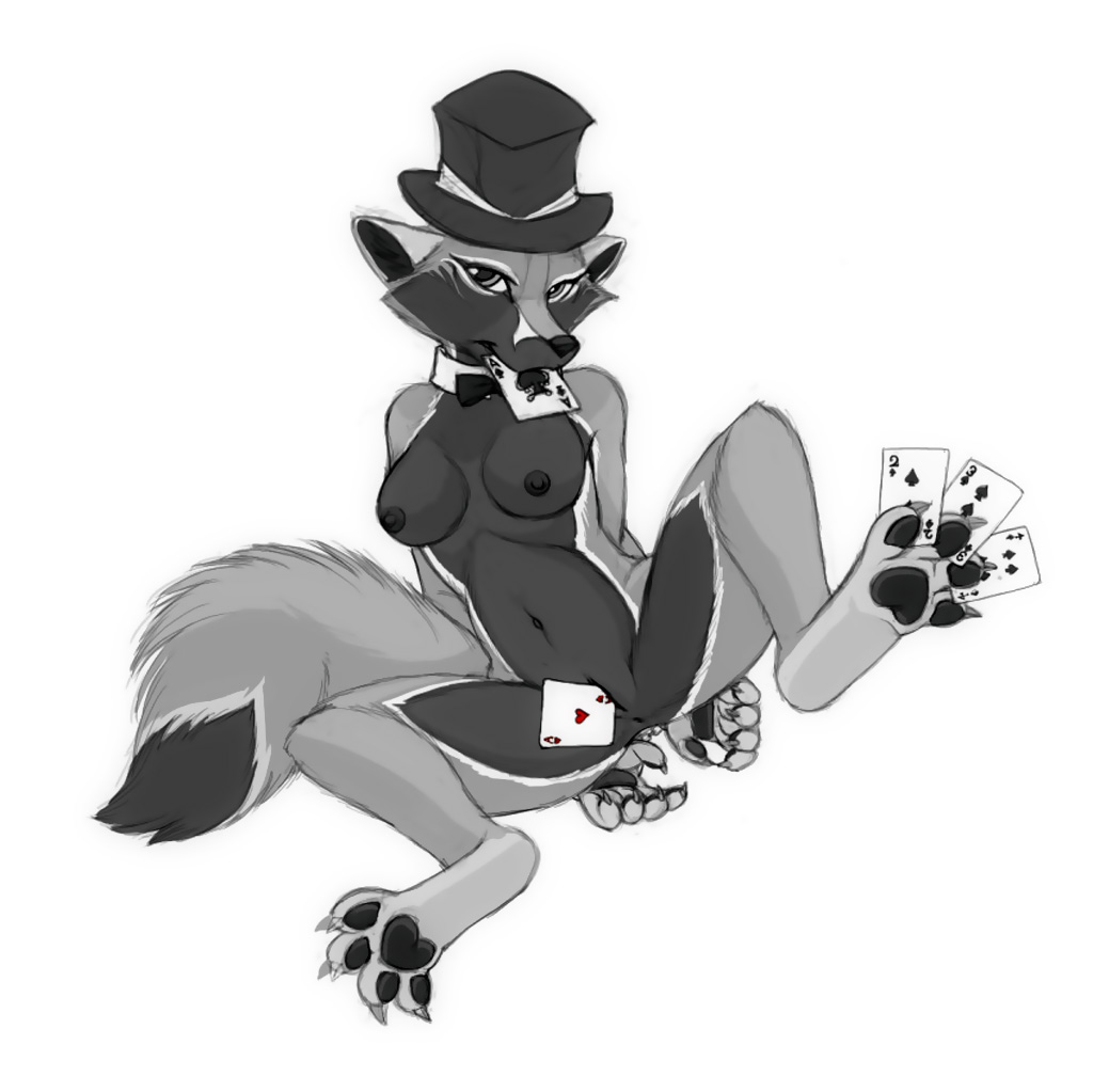 &lt;3 &spades; 2_of_spades 3_of_spades 4_of_spades 4_toes ace_of_hearts ace_of_spades anthro anus breasts butt canine card claws clothing female fur grey_eyes hands_behind_back hat hindpaw looking_at_viewer mammal nipples pawpads paws penetration pira plain_background playing_card presenting pussy sitting solo toes top_hat white_background wolf