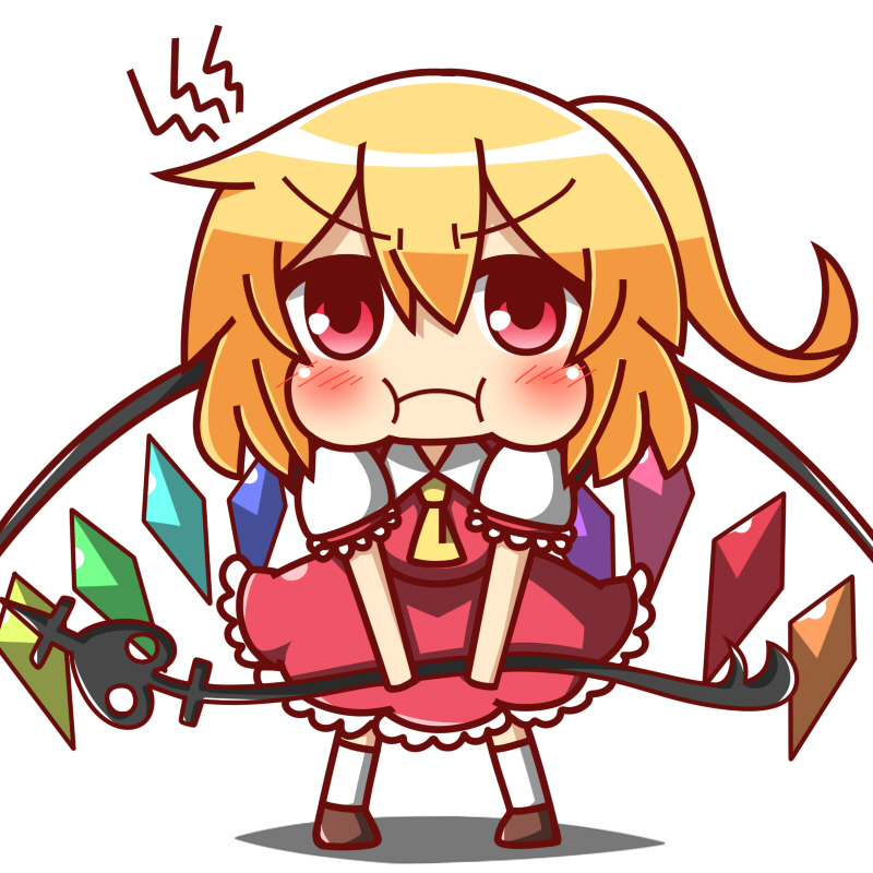 :i blonde_hair chibi feiton flandre_scarlet no_hat no_headwear pout puffy_cheeks red_eyes side_ponytail simple_background solo touhou weapon white_background wings