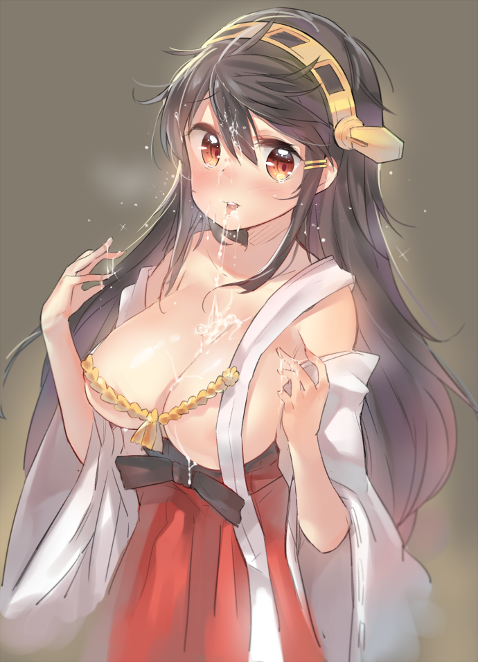 bad_id bad_twitter_id bare_shoulders black_hair blush breasts brown_eyes cum cum_in_mouth cum_on_body cum_on_breasts cum_on_hair cum_on_upper_body detached_sleeves facial hair_ornament hairband hairclip hakama haruna_(kantai_collection) japanese_clothes kantai_collection large_breasts long_hair nontraditional_miko open_mouth red_hakama sarashi simple_background solo tongue tongue_out undone_sarashi wide_sleeves yuran