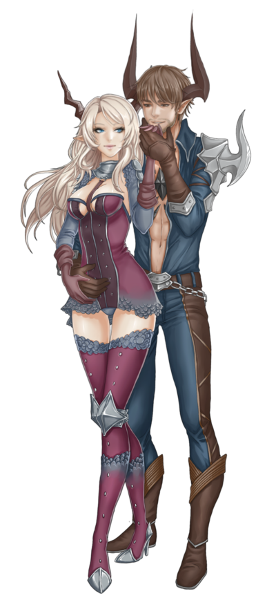 1girl arm_around_waist bad_deviantart_id bad_id between_breasts blonde_hair blue_eyes boots breasts brown_hair bustier castanic_(tera) chain_belt cleavage cleavage_cutout couple detached_collar detached_sleeves facial_hair full_body hetero holding_hands horns large_breasts long_hair long_sleeves nipuni open_clothes open_shirt pants pointy_ears shirt short_hair shoulder_guard smile studs tera_online thighhighs tight tight_pants transparent_background