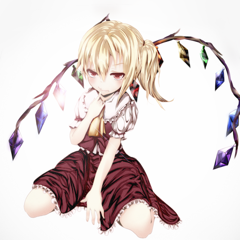 ascot between_legs blonde_hair fingers flandre_scarlet frilled_skirt frills hand_between_legs nnh no_hat no_headwear puffy_short_sleeves puffy_sleeves red_eyes short_hair short_sleeves side_ponytail sitting skirt touhou vest wariza wings
