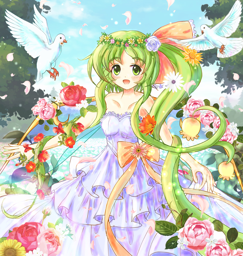:d alternate_costume bare_shoulders bird collarbone daiso daiyousei dove dress flower frilled_dress frills green_eyes green_hair long_hair looking_at_viewer open_mouth petals pigeon rose side_ponytail smile solo_focus sunflower touhou