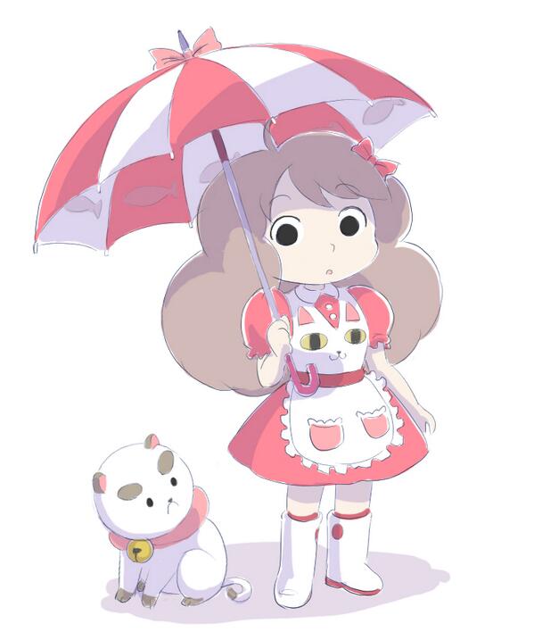 1girl :o animal apron bee_(bee_and_puppycat) bee_and_puppycat bee_the_human_girl bell black_eyes boots bow brown_hair cat choker hair_bow helpyourselfish iesupa jingle_bell parted_lips puppycat simple_background skirt solid_circle_eyes solo standing tareme umbrella white_background