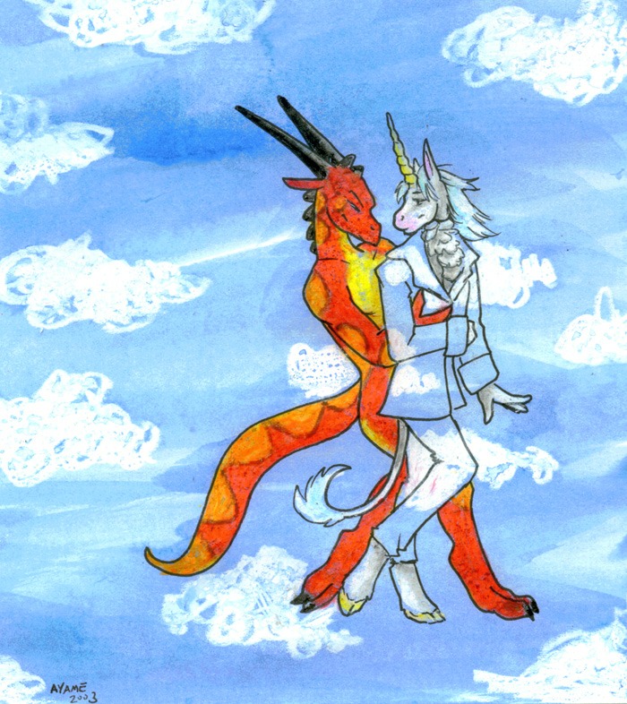 2003 anthro ayame_emaya blue_hair claws cloud couple dragon duo equine gay hair hooves horn irving male mammal red_dragon scalie snowdrop unicorn