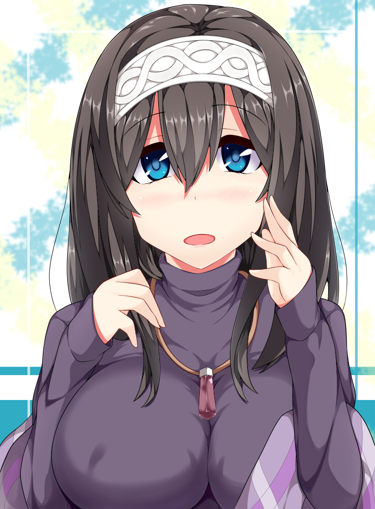 black_hair blue_eyes blush breasts hairband idolmaster idolmaster_cinderella_girls jewelry large_breasts long_hair oga_raito pendant sagisawa_fumika shawl solo