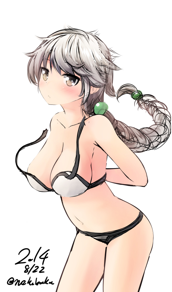 alternate_costume arms_behind_back bad_id bad_pixiv_id bare_shoulders bikini bow braid breasts cleavage hair_bow kantai_collection large_breasts long_hair looking_at_viewer navel nekobaka sideboob single_braid solo strap_slip swimsuit unryuu_(kantai_collection) white_background white_bikini white_hair yellow_eyes