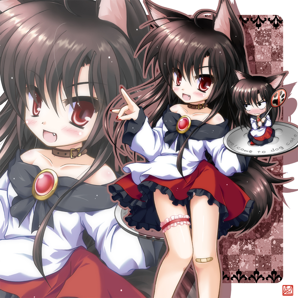 animal_ears blush brooch brown_hair dress fang fingernails imaizumi_kagerou iwaki_hazuki jewelry long_hair long_sleeves open_mouth red_eyes smile solo tail touhou wide_sleeves wolf_ears wolf_tail