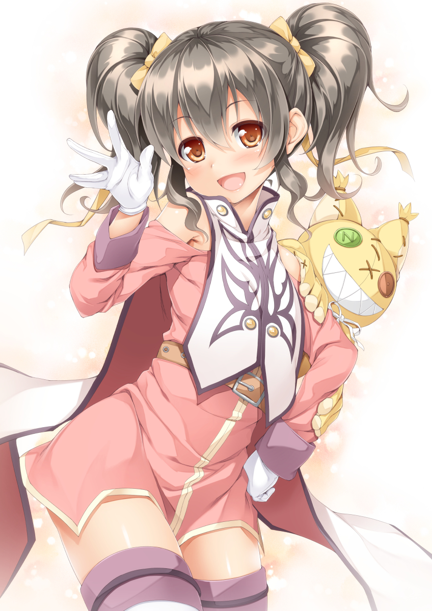 :d akizora_momiji anise_tatlin bare_shoulders black_hair bow brown_eyes doll dress gloves hair_ribbon highres ishikei_(style) long_hair open_mouth pink_dress ribbon smile solo stuffed_toy tales_of_(series) tales_of_the_abyss thighhighs tokunaga twintails waving white_gloves yellow_bow