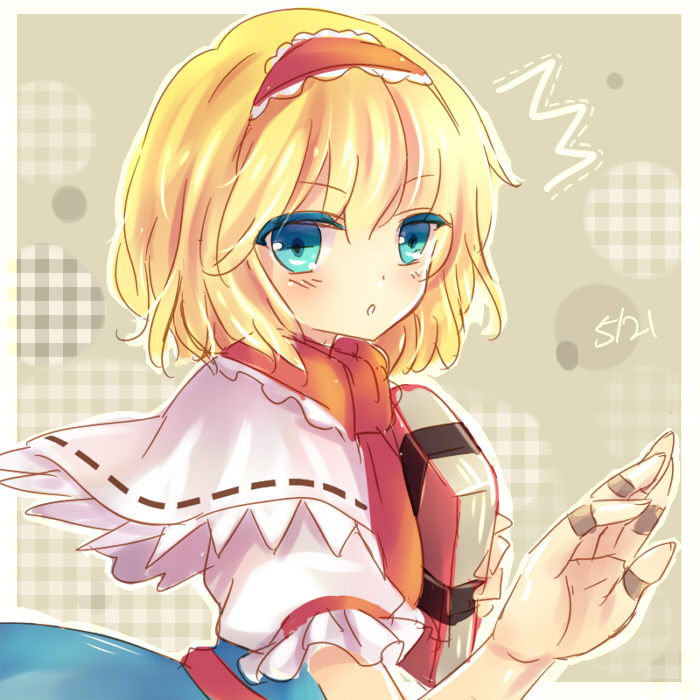 :o alice_margatroid aqua_eyes bad_id bad_pixiv_id blonde_hair book capelet frilled_sleeves frills grimoire_of_alice hairband lilith_(lilithchan) puffy_short_sleeves puffy_sleeves short_hair short_sleeves sketch touhou