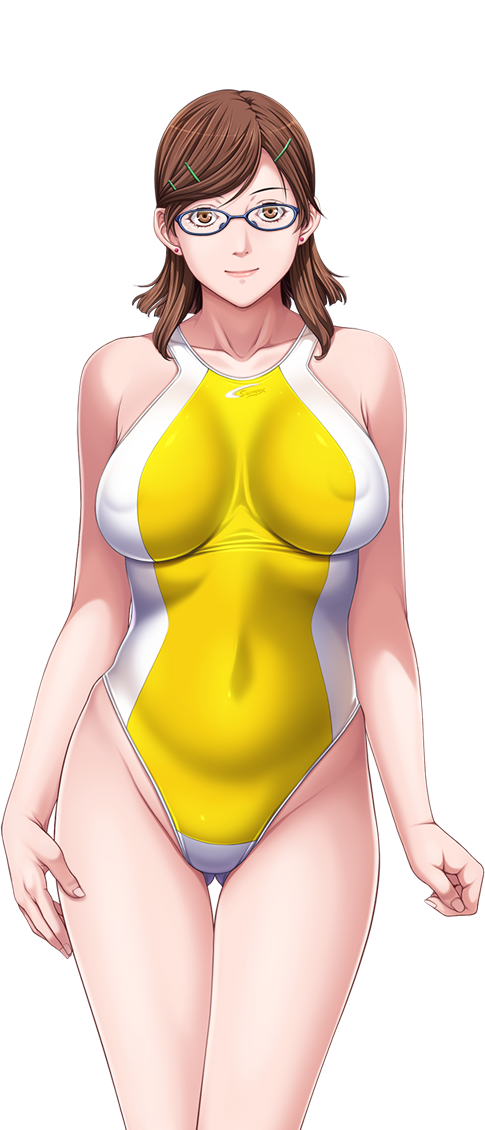 1girl breasts brown_eyes brown_hair earrings game_cg glasses hair_ornament hairclip happy highres jewelry large_breasts legs looking_at_viewer mihara_aika p/a:_potential_ability sei_shoujo short_hair simple_background smile solo standing swimsuit thighs white_background