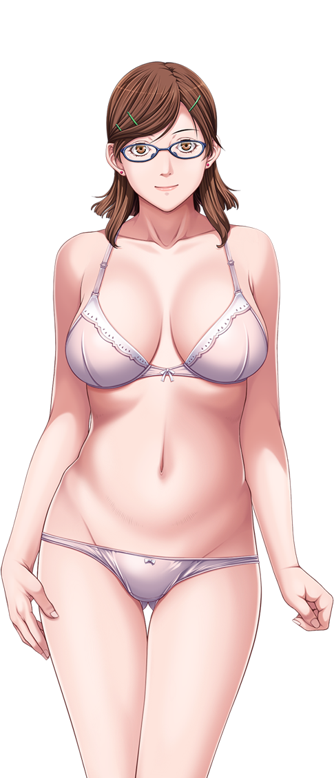1girl bare_shoulders bra breasts brown_eyes brown_hair earrings game_cg glasses hair_ornament hairclip happy highres jewelry large_breasts legs looking_at_viewer mihara_aika navel p/a:_potential_ability panties sei_shoujo short_hair simple_background smile solo standing thighs underwear white_background