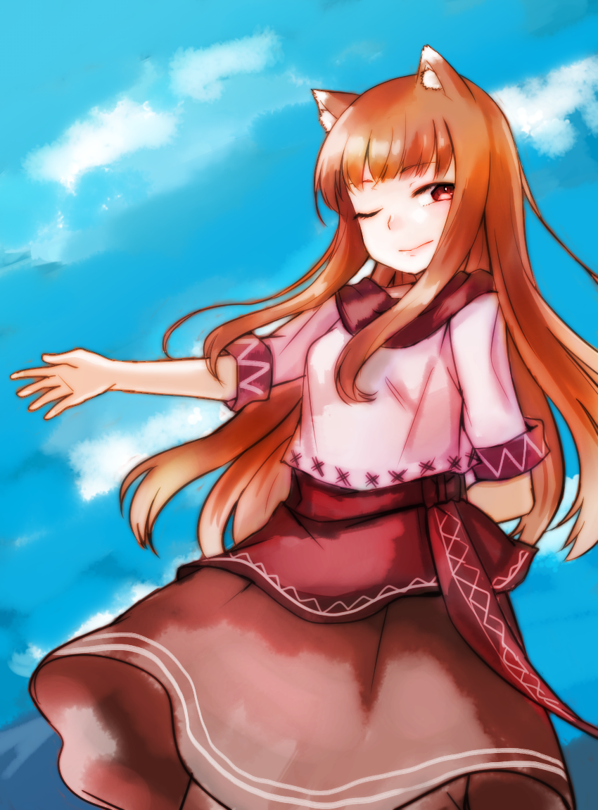 1girl ;) animal_ears arm_behind_back blue_sky brown_hair brown_skirt cloud eyebrows_visible_through_hair floating_hair holo long_hair looking_at_viewer mayumura_basako medium_skirt one_eye_closed outdoors outstretched_arm pink_shirt red_eyes shirt skirt sky smile solo spice_and_wolf very_long_hair wolf_ears