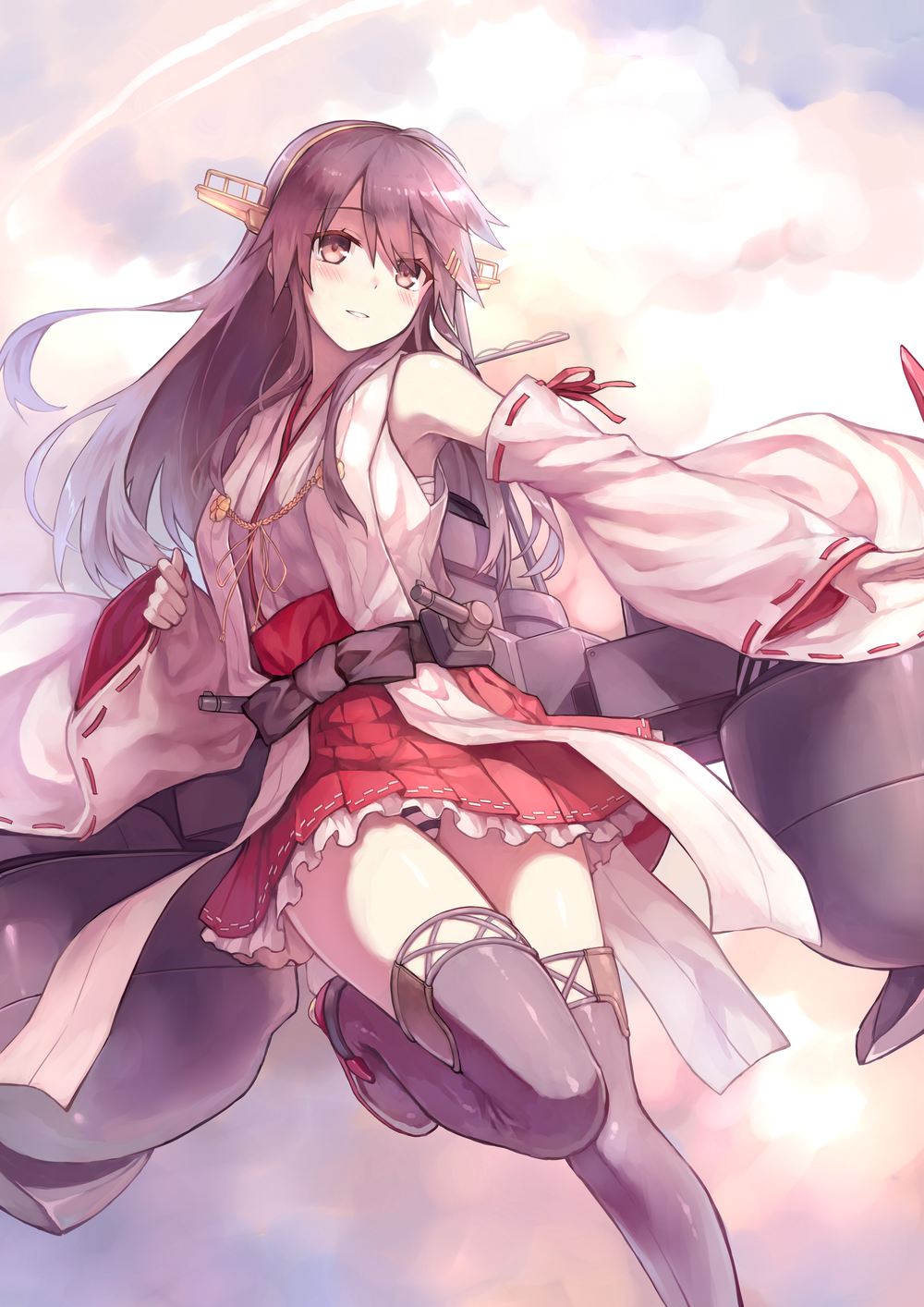 armpits black_legwear blush boots brown_eyes brown_hair cloud detached_sleeves feet_out_of_frame haruna_(kantai_collection) headgear highres hiten_(hitenkei) kantai_collection leg_up light_smile long_hair looking_at_viewer machinery nontraditional_miko panties pantyshot skirt sky solo striped striped_panties thigh_boots thighhighs underwear