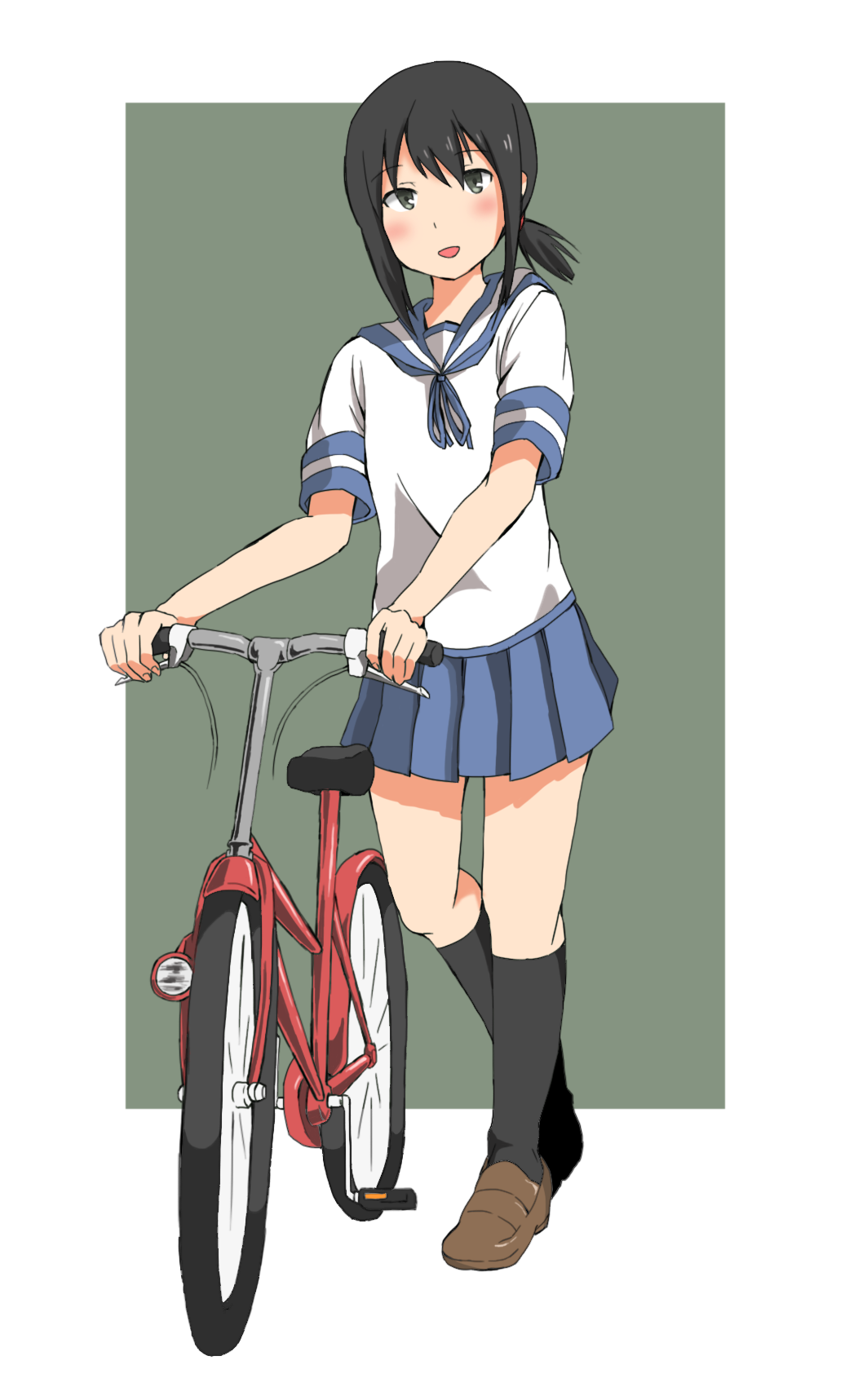 :d :o bicycle black_eyes black_hair black_legwear colorized fubuki_(kantai_collection) full_body ground_vehicle highres hitode_(ziburi) kantai_collection kneehighs looking_at_viewer open_mouth pleated_skirt ponytail school_uniform serafuku shoes short_ponytail simple_background skirt smile solo uniform