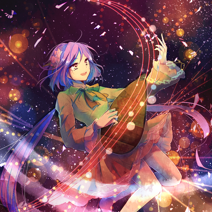 bad_id bad_pixiv_id banned_artist biwa_lute bow dress flower hair_flower hair_ornament instrument lens_flare light_particles long_hair lute_(instrument) open_mouth purple_eyes purple_hair short_hair smile solo touhou towako_(10wk0) tsukumo_benben twintails