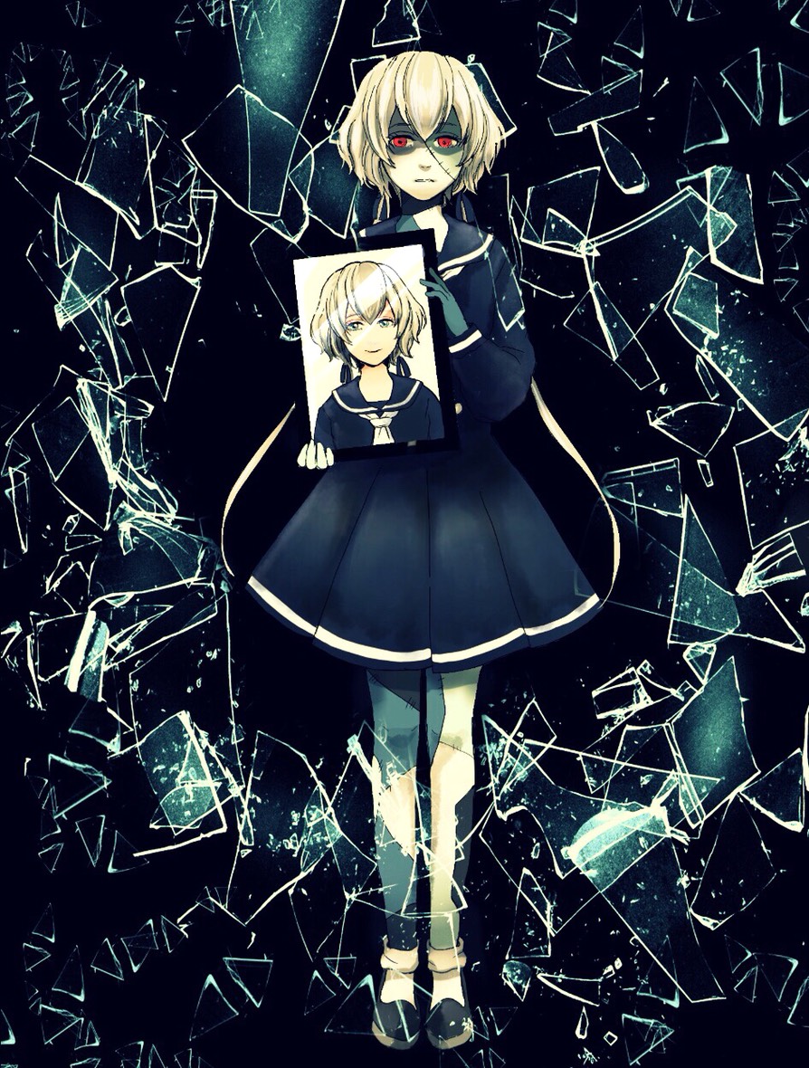 1girl black_dress blue_eyes dress dual_persona glass_shards grey_eyes hair_ribbon holding_picture konno_junko long_hair looking_at_viewer low_twintails patchwork_skin pcpcpc8v pleated_skirt red_eyes ribbon sailor_collar school_uniform shattered skirt solo twintails white_hair zombie zombie_land_saga