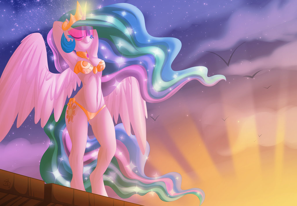 2014 anthro anthrofied bikini breasts butt clothing cutie_mark equine falleninthedark female friendship_is_magic hair horn mammal my_little_pony panties princess princess_celestia_(mlp) royalty smile solo swimsuit underwear winged_unicorn wings