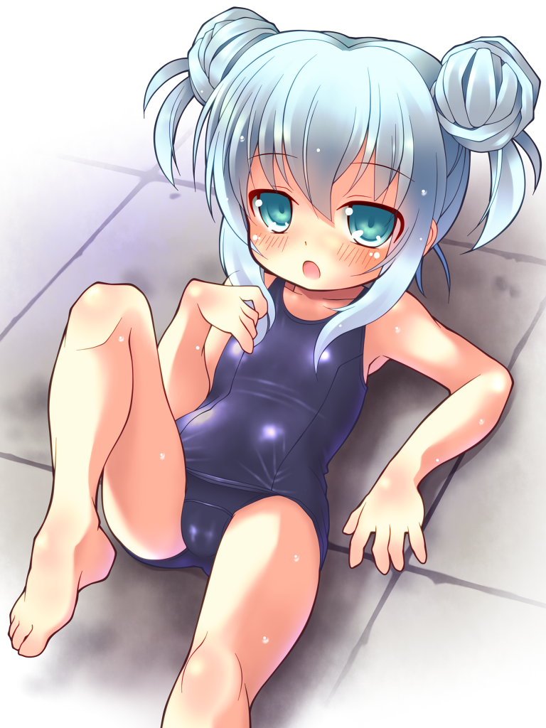 alternate_hairstyle barefoot blue_eyes blue_hair blush double_bun hair_up hibiki_(kantai_collection) kantai_collection long_hair lying miokuri on_back one-piece_swimsuit school_swimsuit solo swimsuit twintails