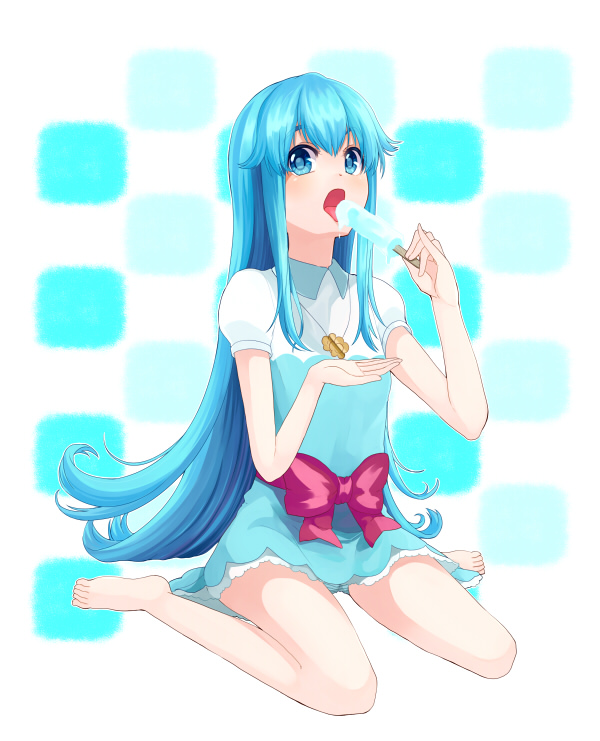 bad_id bad_pixiv_id barefoot blue_eyes blue_hair bow dress flipped_hair food happinesscharge_precure! long_hair open_mouth popsicle precure puffy_short_sleeves puffy_sleeves sasamaru_chimaki shirayuki_hime short_sleeves solo very_long_hair