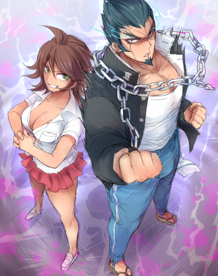 0aoiurn0 1boy 1girl beard black_hair black_jacket blue_pants breasts brown_eyes brown_hair cleavage clenched_hand clenched_teeth collarbone danganronpa dress_shirt facial_hair from_above full_body green_eyes jacket large_breasts looking_at_viewer miniskirt nidai_nekomaru open_clothes open_jacket open_shirt owari_akane pants parted_lips pleated_skirt red_skirt scar scar_across_eye shirt sketch skirt standing super_danganronpa_2 teeth white_shirt