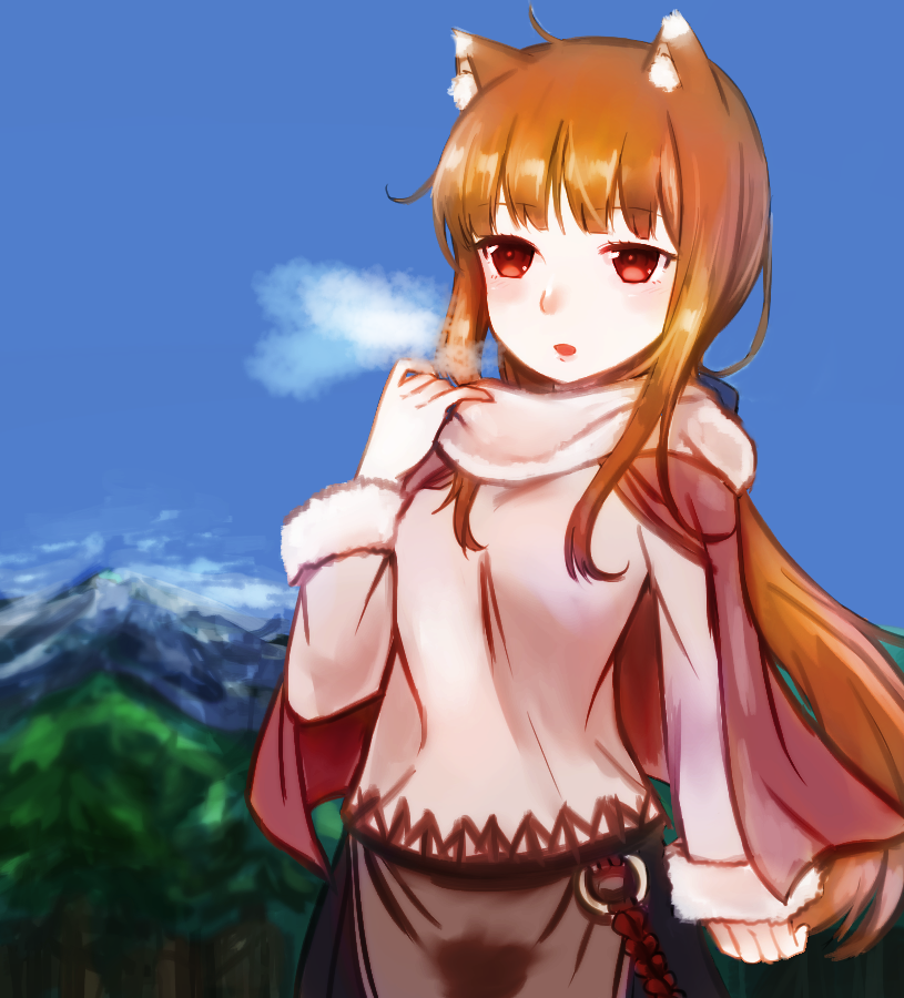 1girl animal_ears bangs blue_bow blue_sky bow brown_hair eyebrows_visible_through_hair floating_hair fur-trimmed_sweater hair_bow holo long_hair mayumura_basako open_mouth outdoors pink_capelet pink_sweater ponytail red_eyes shiny shiny_hair sidelocks sky solo spice_and_wolf standing steam sweater very_long_hair wolf_ears