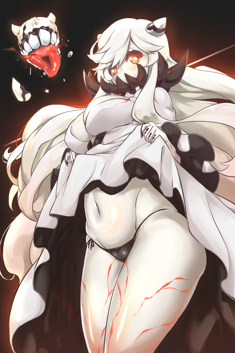 black_panties blush breasts bright_pupils covered_mouth dress dress_lift highres hobby_(kento) horns kantai_collection large_breasts long_hair looking_at_viewer midway_hime navel orange_eyes pale_skin panties shinkaisei-kan solo thighs underwear very_long_hair white_dress white_hair
