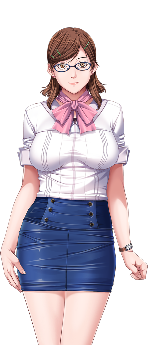 1girl breasts brown_eyes brown_hair earrings game_cg glasses hair_ornament hairclip happy highres jewelry large_breasts legs looking_at_viewer mihara_aika p/a:_potential_ability sei_shoujo short_hair simple_background skirt smile solo standing thighs watch white_background wristwatch