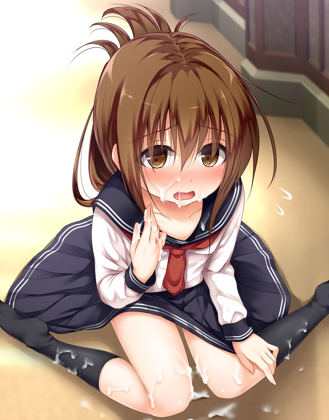 blush brown_eyes brown_hair check_translation chocolate collarbone commentary cum cum_in_mouth cum_on_body cum_on_clothes cum_on_lower_body facial folded_ponytail haryuu_(poetto) highres inazuma_(kantai_collection) kantai_collection kneehighs long_hair school_uniform serafuku sitting skirt solo suggestive_fluid translation_request white_chocolate