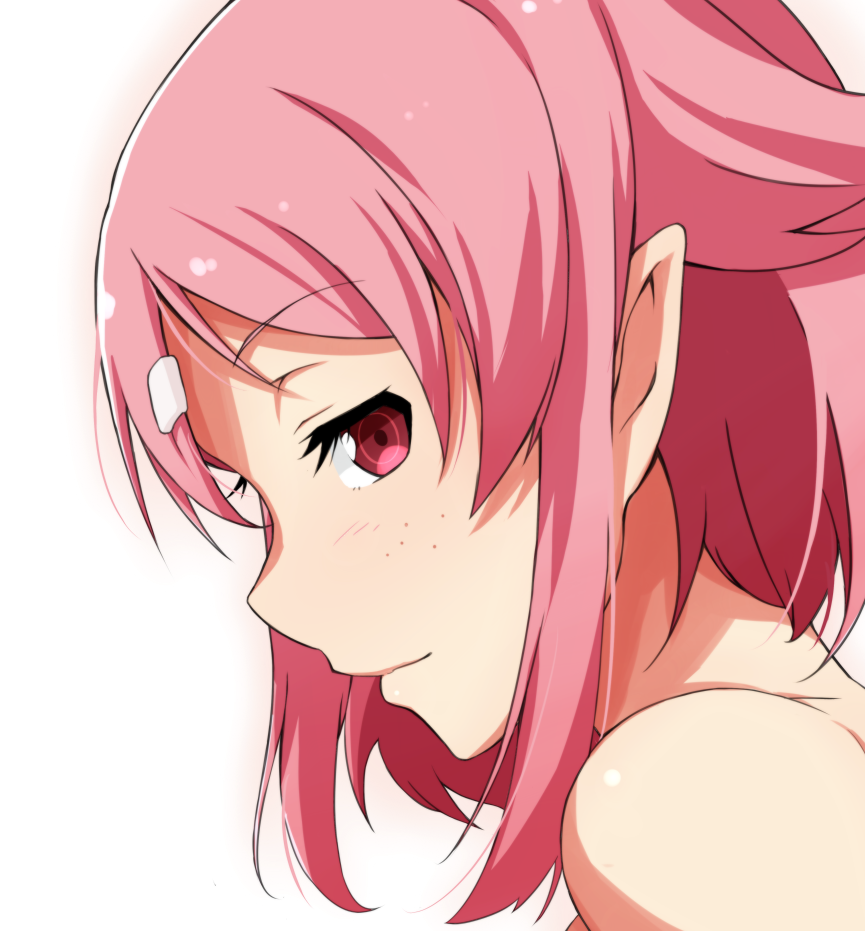 close-up face freckles from_side hair_ornament hairclip lisbeth lisbeth_(sao-alo) looking_at_viewer pink_eyes pink_hair pointy_ears profile sblack short_hair sidelocks solo sword_art_online