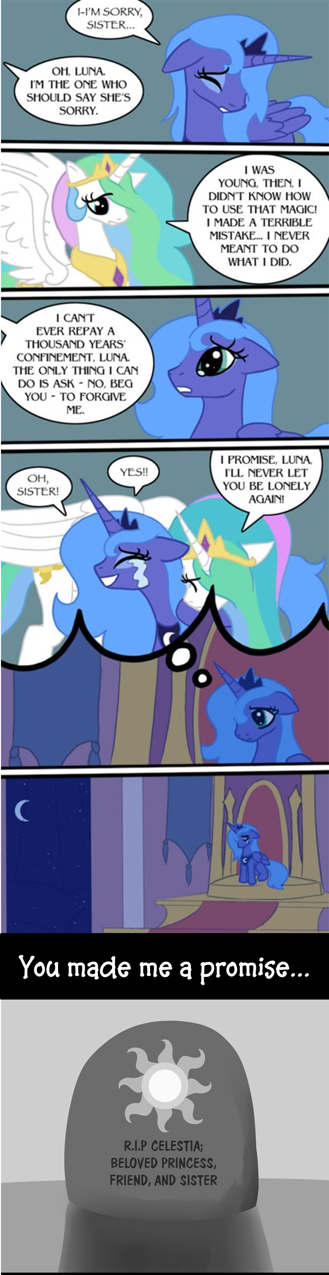 2014 blue_fur blue_hair comic crescent_moon crying cutie_mark death english_text equine eyes_closed feels female friendship_is_magic fur grave grimdark hair horn horse hug jukashi lonely mammal moon multi-colored_hair my_little_pony night pony princess princess_celestia_(mlp) princess_luna_(mlp) royalty rug sad solo stars story_included teal_eyes tears text throne white_fur winged_unicorn wings