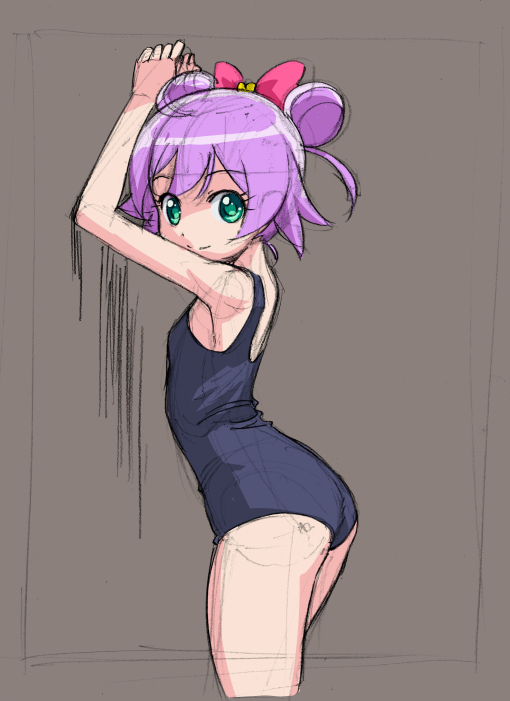 against_wall ass bow brown_background double_bun green_eyes hair_bow looking_at_viewer manaka_lala one-piece_swimsuit pretty_(series) pripara purple_hair rohitsuka school_swimsuit short_hair smile solo swimsuit