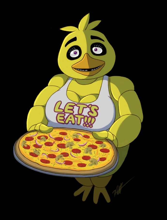 apron avian bird chica_(fnaf) chicken cleavage clothed clothing female five_nights_at_freddy's food looking_at_viewer machine mechanical pizza purple_eyes robot solo timoteihiv