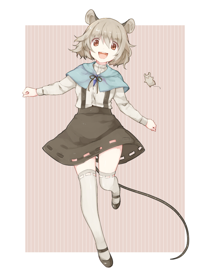 akagashi_hagane animal_ears capelet grey_hair jewelry looking_at_viewer mouse mouse_ears mouse_tail nazrin pendant red_eyes short_hair skirt smile solo tail thighhighs touhou white_legwear zettai_ryouiki