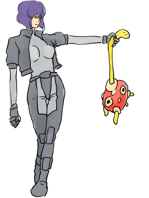 ambiguous_gender clothed clothing crossover duo female ghost_in_the_shell human humor lifting mammal motoko_kusanagi nintendo plain_background pok&eacute;mon shuckle size_difference unimpressed unknown_artist video_games white_background