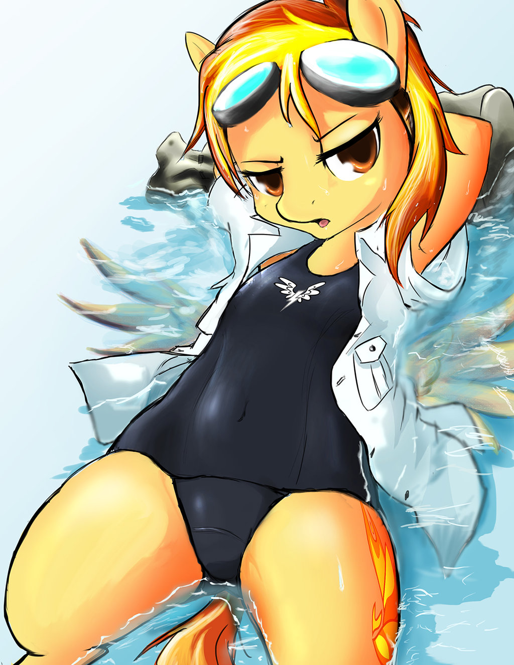 anthro arms_behind_head clothed clothing cutie_mark d-lowell equine eyewear feathers female friendship_is_magic fur goggles hair hooves horse long_hair looking_at_viewer lying mammal my_little_pony navel open_mouth orange_eyes orange_hair outside pegasus pony presenting solo spitfire_(mlp) swimsuit two_tone_hair water wet wet_hair wings wonderbolts_(mlp) yellow_fur