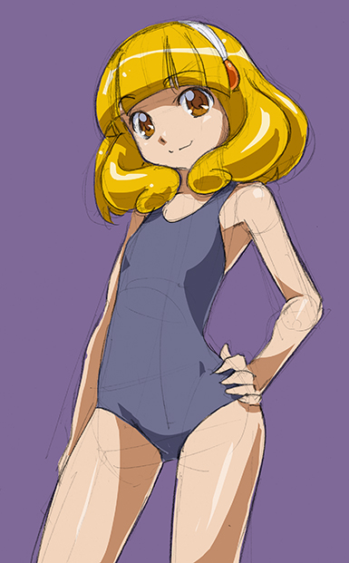 blonde_hair hairband hand_on_hip kise_yayoi looking_at_viewer one-piece_swimsuit precure purple_background rohitsuka short_hair simple_background sketch smile smile_precure! solo swimsuit white_hairband yellow_eyes