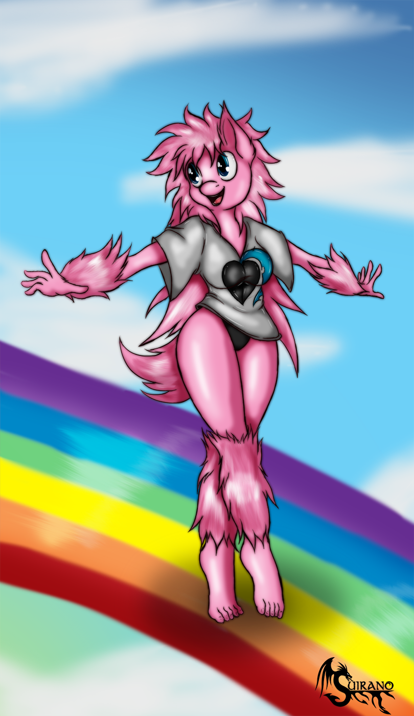 2014 anthro barefoot clothing cloud equine female fluffle_puff fur hair happy horse mammal my_little_pony open_mouth outside panties pink_fur pony rainbow solo suirano underwear